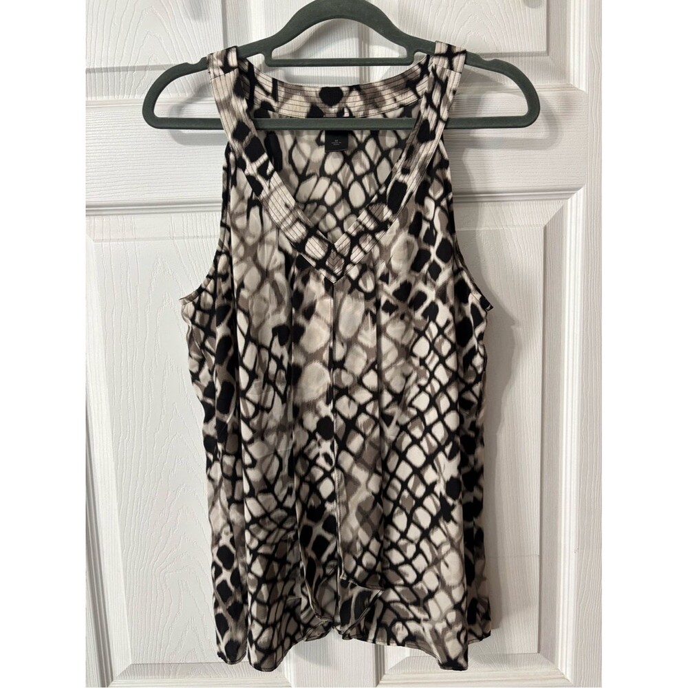 Ann Taylor Animal Print Size Medium Sleeveless Top Office Silky Black Ivory